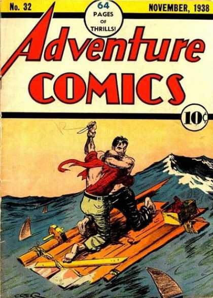 Adventure Comics 32 - Raft - Ocean - Knife - Sharks - Wave