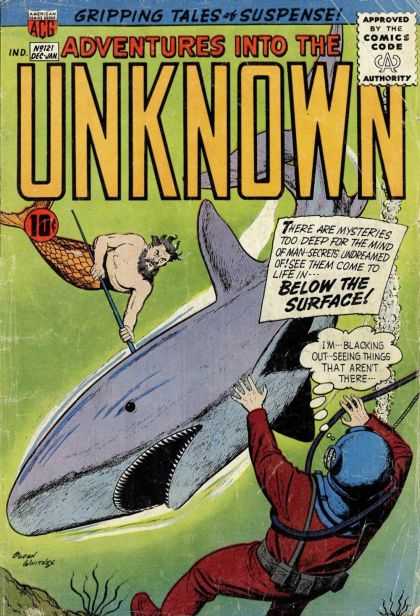 Adventures Into the Unknown 121 - Merman - Shark - Acg - 10 Cents - Thought Bubble
