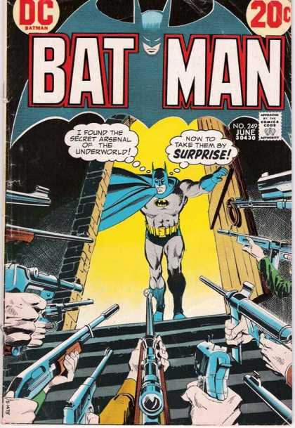 Batman 249 - Batman Coming Through A Doorway - Guns - Batman Talking - Yellow Background - Black Walls - Dick Giordano