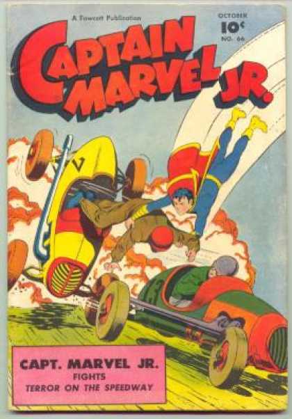 Captain Marvel Jr. 66 - Boy Flying Rescuing Race Car Driver - 2 Race Cars On Front - Terror On The Sweedway - Teen Superheroes - Fighting Terror
