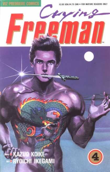 Crying Freeman 4 - Crying - Purple Man - Knife In Mouth - Full Moon - Dragon Tattoo On Chest - Ryoichi Ikegami