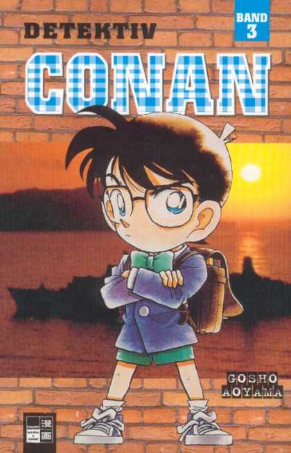 Detektiv Conan 3 - German Detective Magazine - Band 3 - Small Boy With Back Pack Wearing Glasses - Boy Crossing His Arms - Sunset In Back Ground