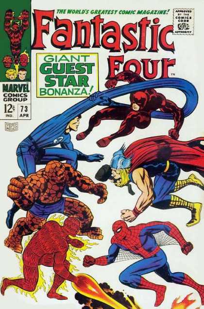 Fantastic Four 73 - Spiderman - Thor - Stretched Blue Arm - Arm Around Red Guy - Flame - Jack Kirby