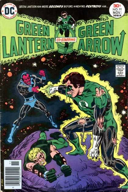 Green Lantern (1960) 91 - Co-starring Green Arrow - Torn Green Costume - Archer Chained To Purple Rock - Red Faced Decil - Outer Space