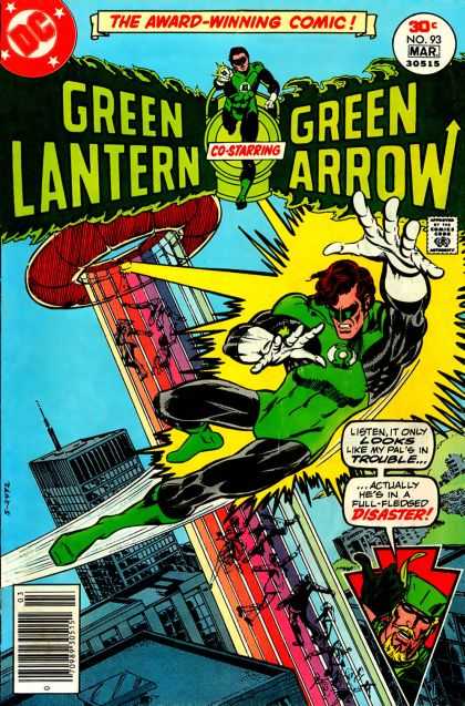 Green Lantern (1960) 93 - Green Arrow - Ufo Beaming People Up - Gray Skyscraper - Multi Colored Lights - Green Laser - Mike Grell