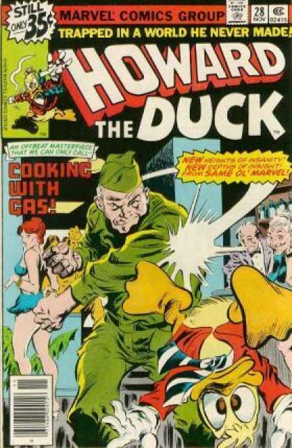 Howard the Duck 28 - Trapped In A World He Never Made - Cooking With Gas - Upside Down Duck - Punched - Army Guy Punching - Gene Colan