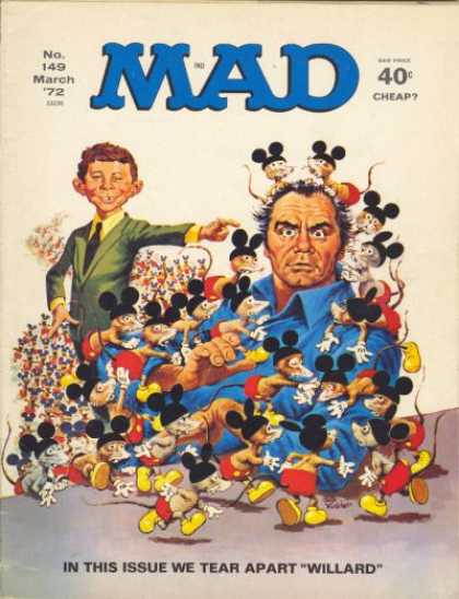 Mad 149 - Man Wearing Blue Shirt - Covered In Mice - Mice Wearing Mickey Ears Pants And Shoes - Willard - Alfred E Neuman