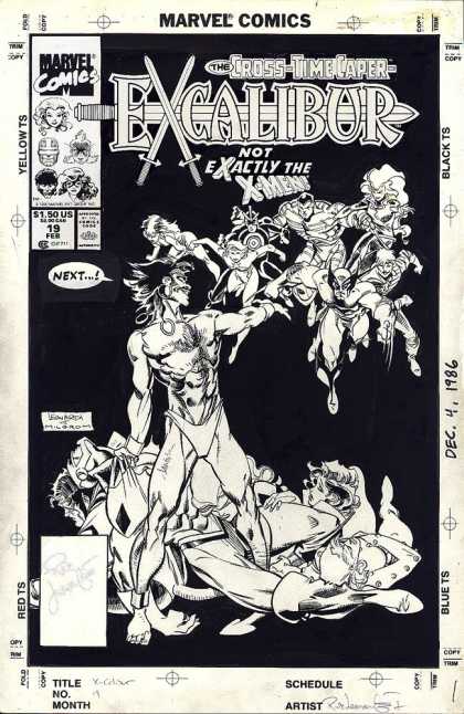 Original Cover Art - Excaliber #19 Cover (1989) - Swords - Black And White Cover - Injured Characters - Women Superheros - Bare Chested Villian