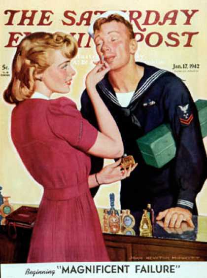 Saturday Evening Post - 1942-01-17: Sailor Sniffing Perfume (John Newton Howitt)