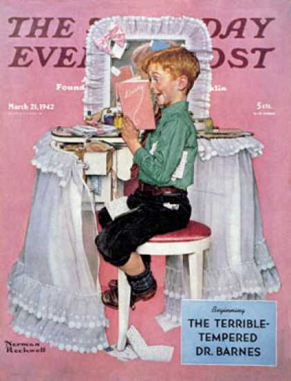 Saturday Evening Post - 1942-03-21: "Boy Reading his Sister's Diary" (Norman Rockwell)