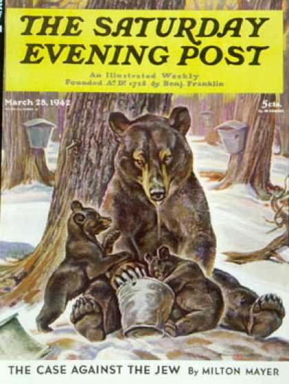 Saturday Evening Post - 1942-03-28: Bears Eating Maple Syrup (Paul Bransom)