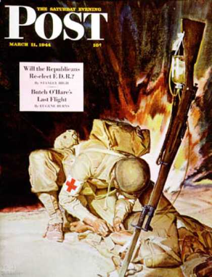 Saturday Evening Post - 1944-03-11: Medic Treating Injured in Field (Mead Schaeffer)