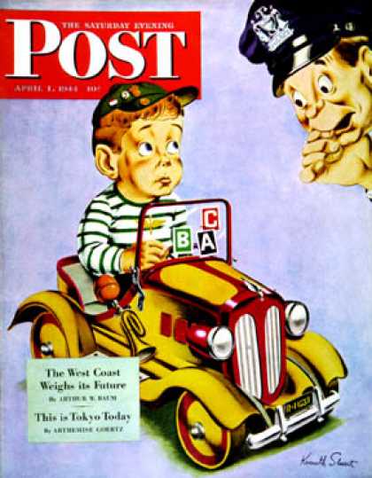 Saturday Evening Post - 1944-04-01: Kiddie Car With Rationing Stickers (Ken Stuart)