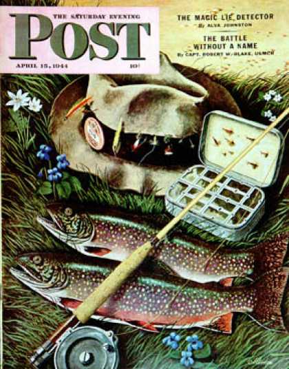 Saturday Evening Post - 1944-04-15: Fishing Still Life (John Atherton)