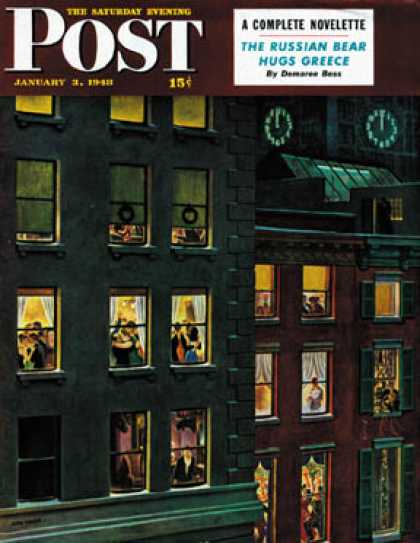 Saturday Evening Post - 1948-01-03: Apartment Dwellers on New Year's Eve (John Falter)