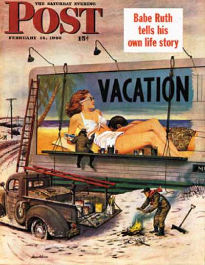 Saturday Evening Post - 1948-02-14: Billboard Painters in Winter (Stevan Dohanos)