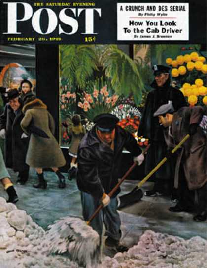 Saturday Evening Post - 1948-02-28: Shoveling Floral Shop Sidewalk (John Falter)