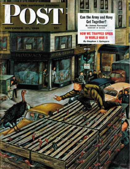 Saturday Evening Post - 1948-11-27: Turkey Loose Atop Truck (Constantin Alajalov)