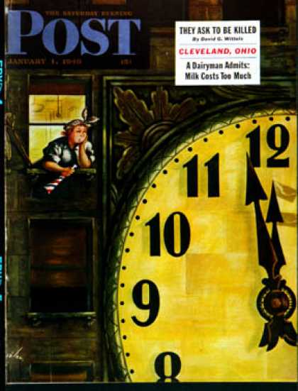 Saturday Evening Post - 1949-01-01: Giant Clock on New Year's Eve (Constantin Alajalov)