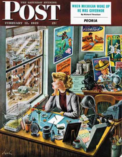 Saturday Evening Post - 1949-02-12: Travel Agent at Desk (Constantin Alajalov)
