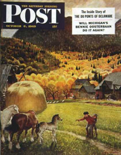 Saturday Evening Post - 1949-10-08: Belgian Horse Farm (John Clymer)