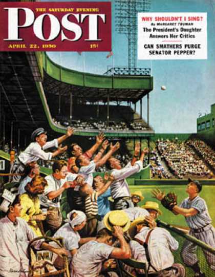 Saturday Evening Post - 1950-04-22: Catching Home Run Ball (Stevan Dohanos)