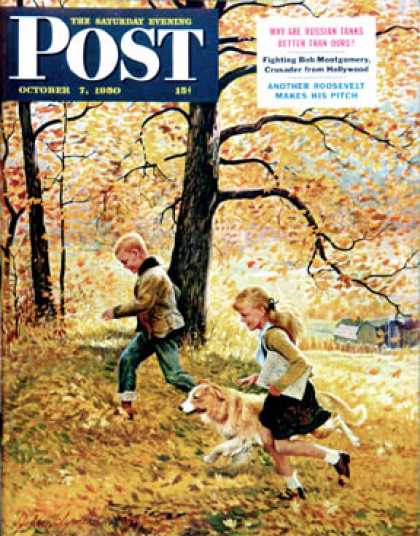 Saturday Evening Post - 1950-10-07: Walking Home Through Leaves (John Clymer)