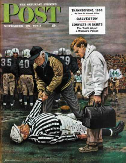 Saturday Evening Post - 1950-11-25: Ref Out Cold (Stevan Dohanos)