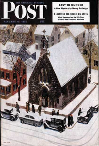 Saturday Evening Post - 1951-01-06: Snowy Morning at Church (John Falter)