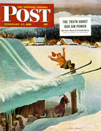 Saturday Evening Post - 1951-02-17: Barn Skiing (John Clymer)