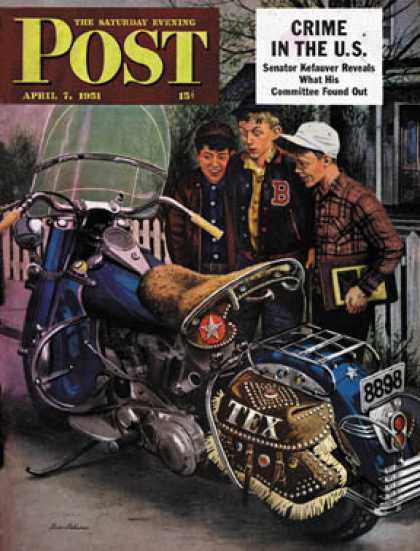 Saturday Evening Post - 1951-04-07: Tex's Motorcycle (Stevan Dohanos)