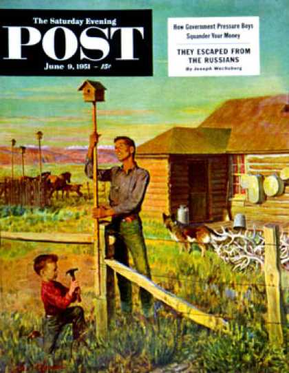 Saturday Evening Post - 1951-06-09: Putting Up Birdhouses (John Clymer)