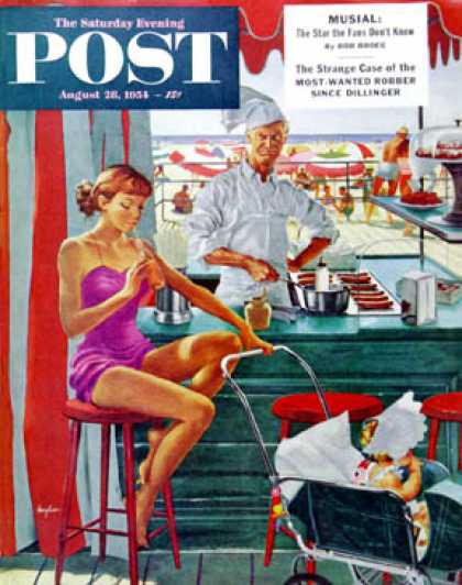 Saturday Evening Post - 1954-08-28: Babysitter at Beach Stand (George Hughes)