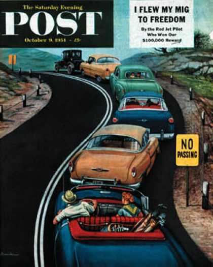 Saturday Evening Post - 1954-10-09: "No Passing" (Stevan Dohanos)