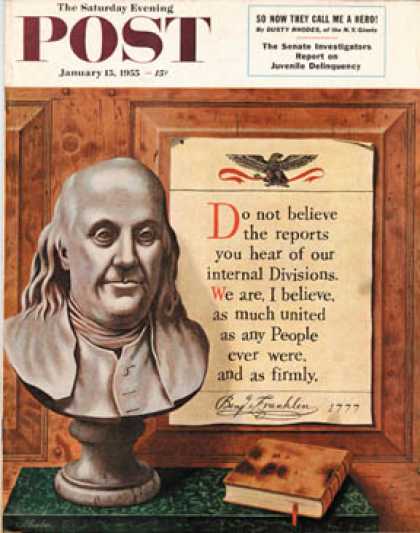 Saturday Evening Post - 1955-01-15: Benjamin Franklin - bust and quote (John Atherton)