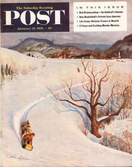 Saturday Evening Post - 1955-01-22: Tobogganing (John Clymer)