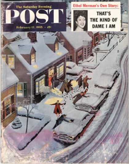 Saturday Evening Post - 1955-02-12: Party After Snowfall (Ben Kimberly Prins)