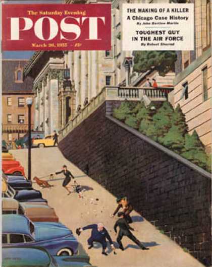 Saturday Evening Post - 1955-03-26: Spilled Purse on Steep Hill (John Falter)
