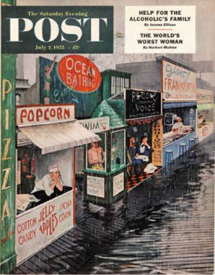 Saturday Evening Post - 1955-07-02: Rain on the Boardwalk (George Hughes)