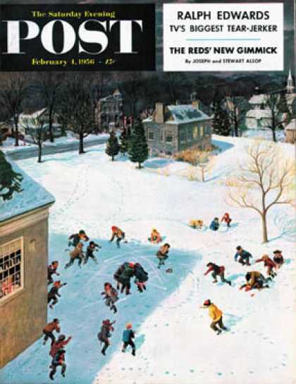 Saturday Evening Post - 1956-02-04: Snowball Recess (John Clymer)