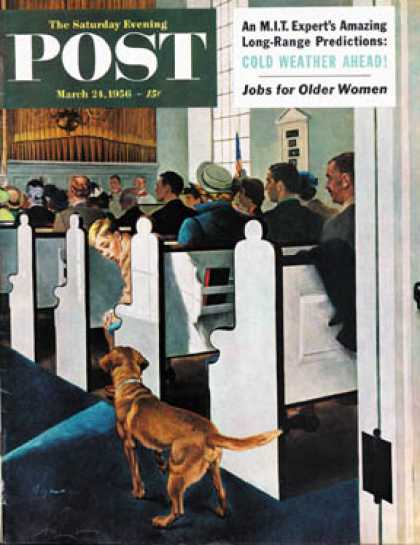 Saturday Evening Post - 1956-03-24: Dog Walks Down Aisle of Church (George Hughes)