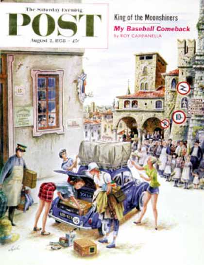 Saturday Evening Post - 1958-08-02: Coed Tourists in Italy (Constantin Alajalov)