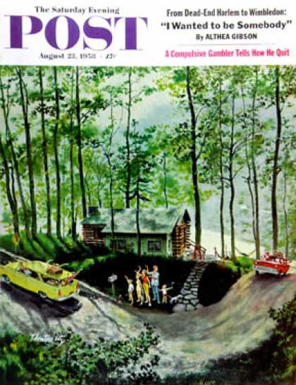 Saturday Evening Post - 1958-08-23: Visitors to Cabin in the Woods (Thornton Utz)