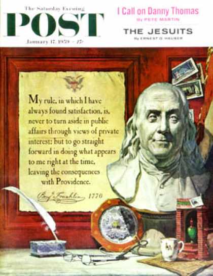 Saturday Evening Post - 1959-01-17: Benjamin Franklin - bust and quote (Stanley Meltzoff)