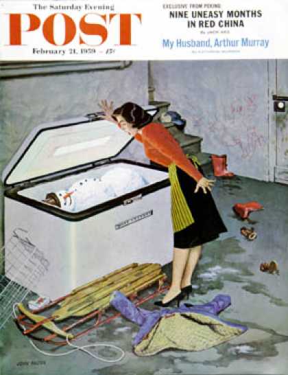 Saturday Evening Post - 1959-02-21: Frosty in the Freezer (John Falter)