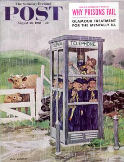 Saturday Evening Post - 1961-08-26: Cub Scouts in Phone Booth (Richard Sargent)