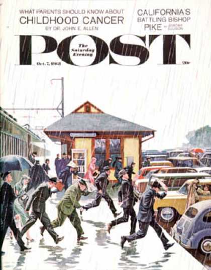 Saturday Evening Post - 1961-10-07: Commuters in the Rain (John Falter)