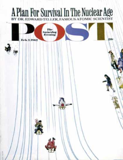 Saturday Evening Post - 1962-02-03: Sledding Designs in the Snow (John Falter)