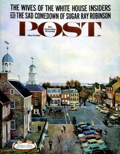 Saturday Evening Post - 1962-03-17: Town Square, New Castle Delaware (John Falter)
