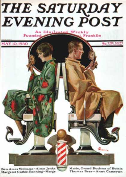 Saturday Evening Post - 1930-05-10: Couple in Barber Chairs (E. M. Jackson)